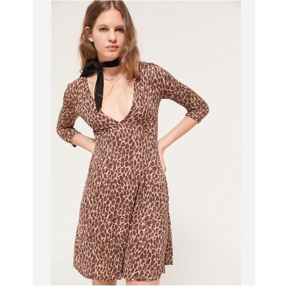 Urban Outfitter Medium Mercer Plunge Mini Dress Leopard Print Brown Deep V-Neck - Picture 2 of 14